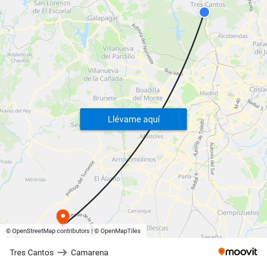 Tres Cantos to Camarena map