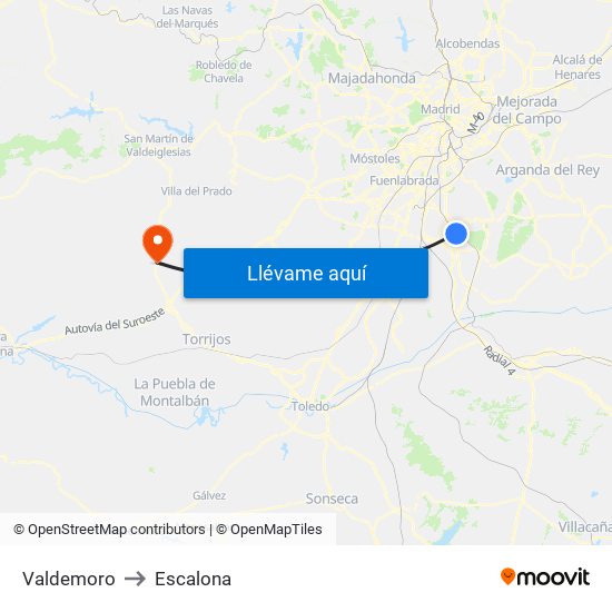 Valdemoro to Escalona map