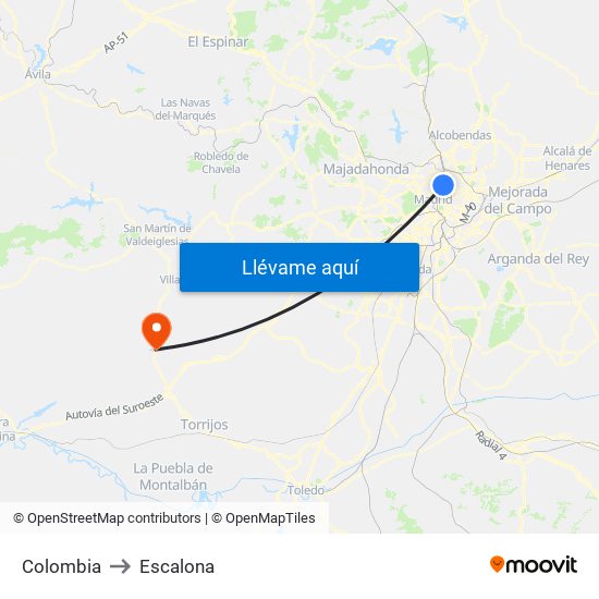 Colombia to Escalona map