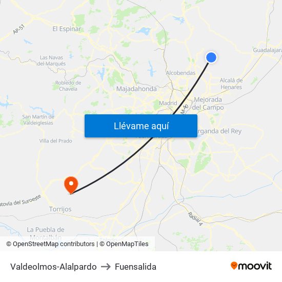 Valdeolmos-Alalpardo to Fuensalida map