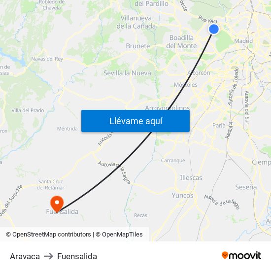 Aravaca to Fuensalida map