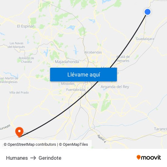 Humanes to Gerindote map