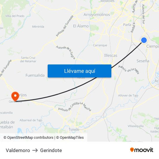 Valdemoro to Gerindote map