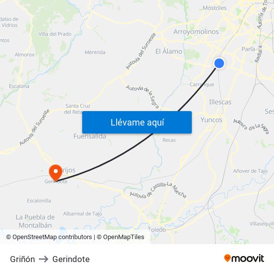 Griñón to Gerindote map