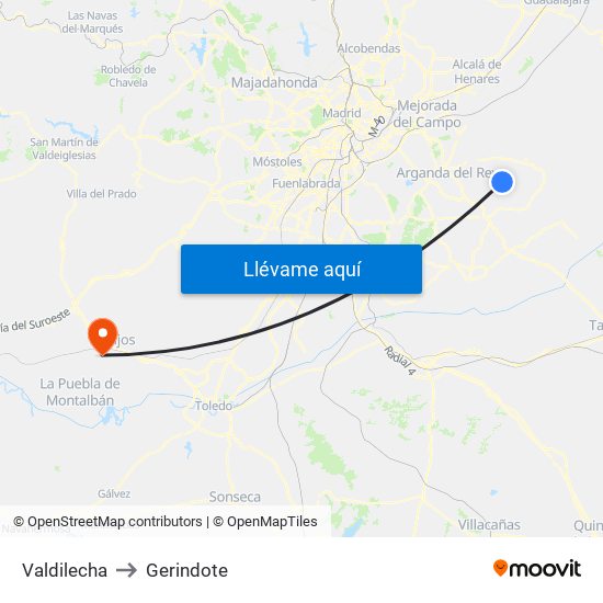 Valdilecha to Gerindote map