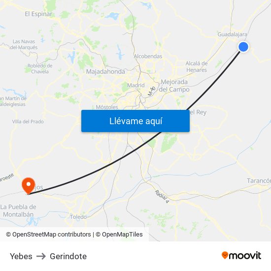 Yebes to Gerindote map