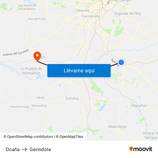 Ocaña to Gerindote map