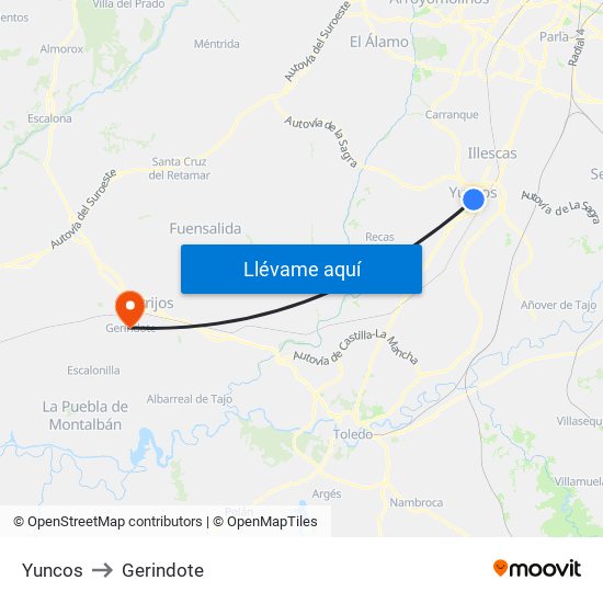 Yuncos to Gerindote map