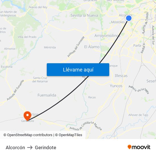 Alcorcón to Gerindote map