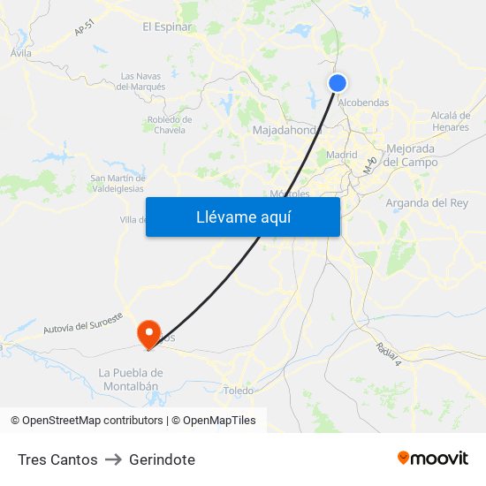 Tres Cantos to Gerindote map