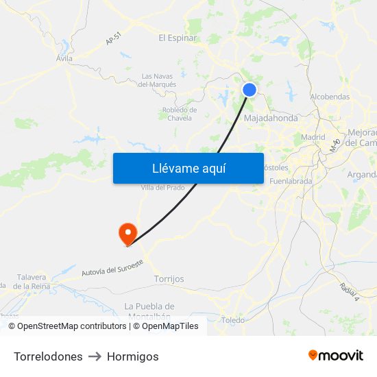 Torrelodones to Hormigos map