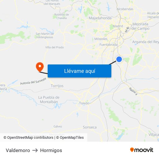 Valdemoro to Hormigos map