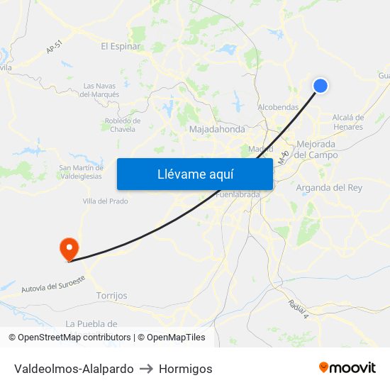 Valdeolmos-Alalpardo to Hormigos map