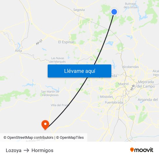 Lozoya to Hormigos map