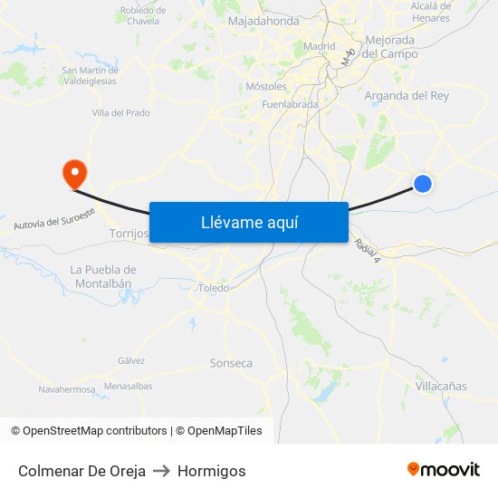 Colmenar De Oreja to Hormigos map