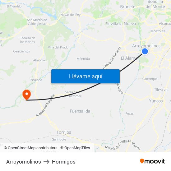 Arroyomolinos to Hormigos map