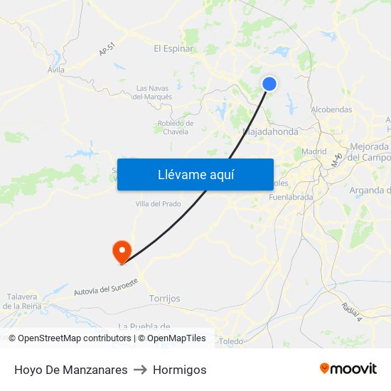 Hoyo De Manzanares to Hormigos map