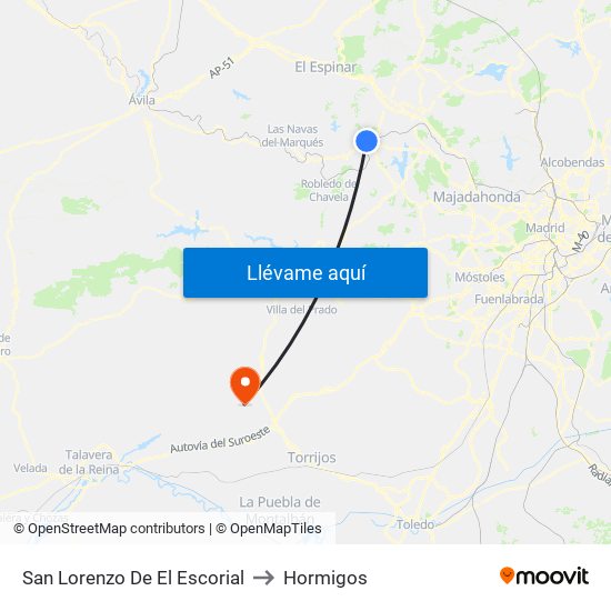 San Lorenzo De El Escorial to Hormigos map