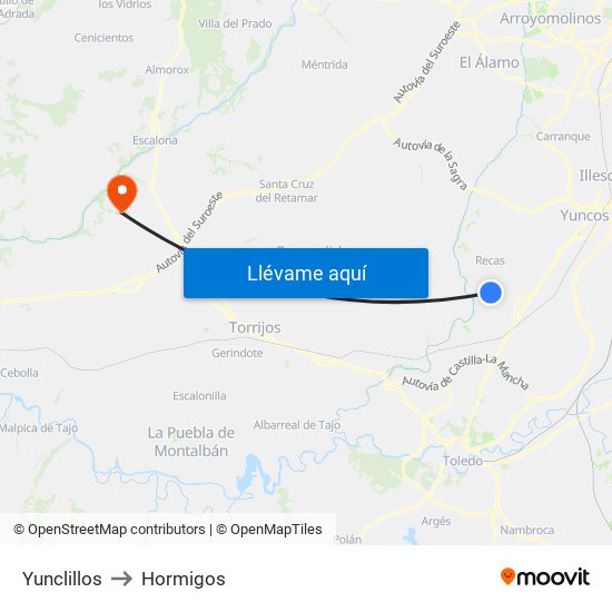 Yunclillos to Hormigos map