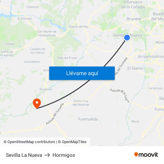 Sevilla La Nueva to Hormigos map
