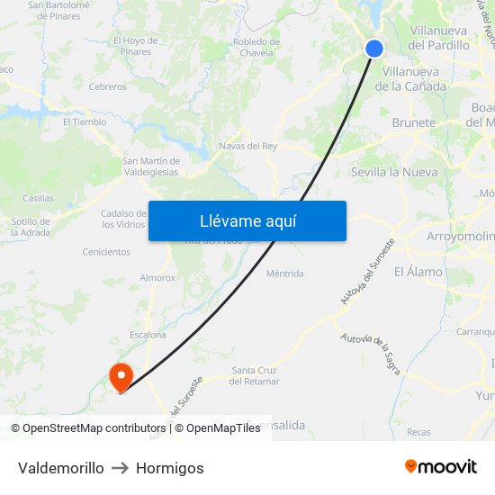 Valdemorillo to Hormigos map