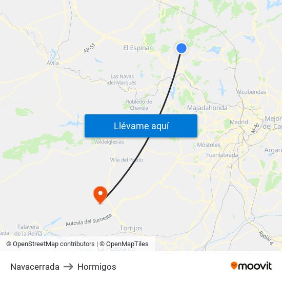 Navacerrada to Hormigos map