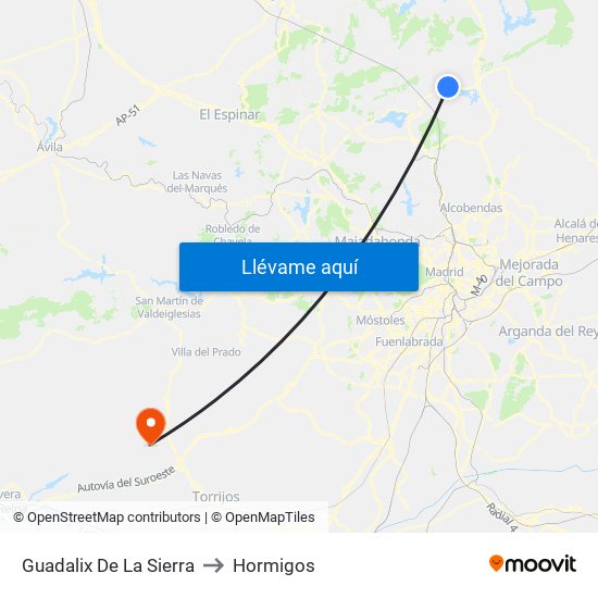 Guadalix De La Sierra to Hormigos map