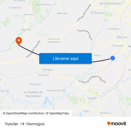 Yuncler to Hormigos map