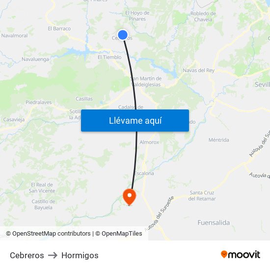 Cebreros to Hormigos map