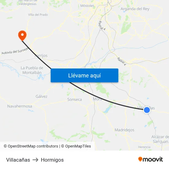 Villacañas to Hormigos map