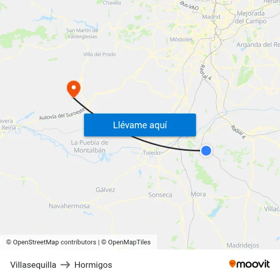 Villasequilla to Hormigos map