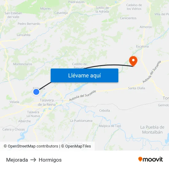 Mejorada to Hormigos map