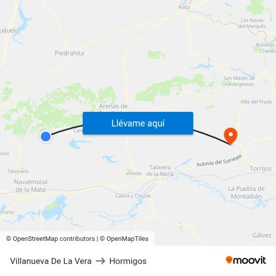 Villanueva De La Vera to Hormigos map