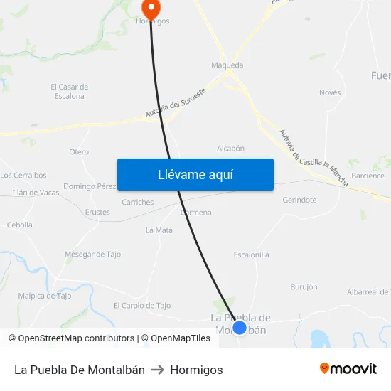 La Puebla De Montalbán to Hormigos map
