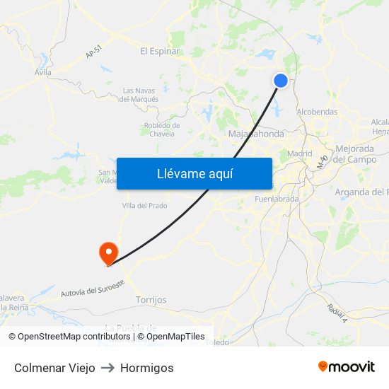 Colmenar Viejo to Hormigos map