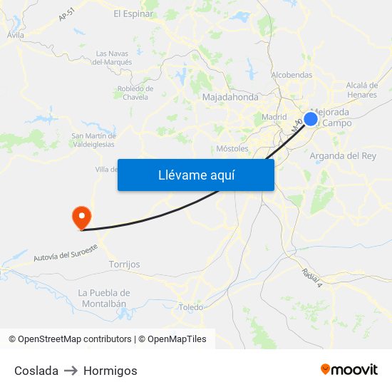 Coslada to Hormigos map