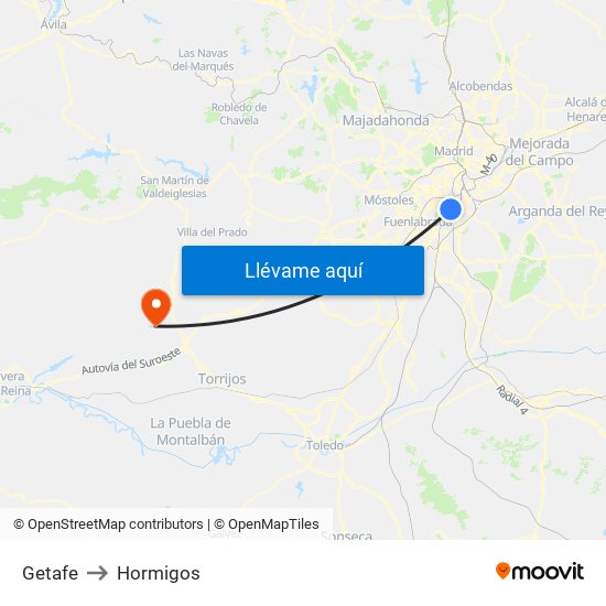 Getafe to Hormigos map