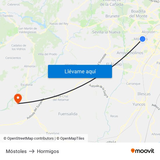 Móstoles to Hormigos map