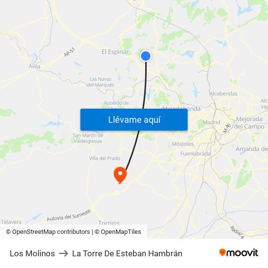 Los Molinos to La Torre De Esteban Hambrán map