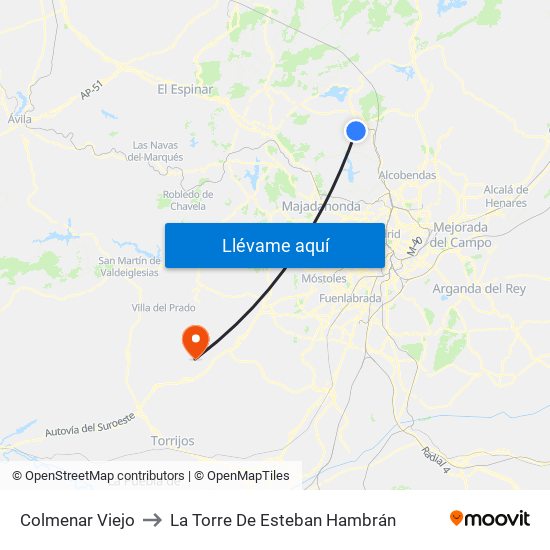 Colmenar Viejo to La Torre De Esteban Hambrán map