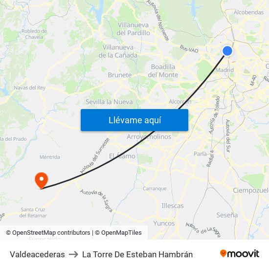 Valdeacederas to La Torre De Esteban Hambrán map