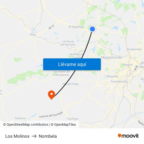Los Molinos to Nombela map
