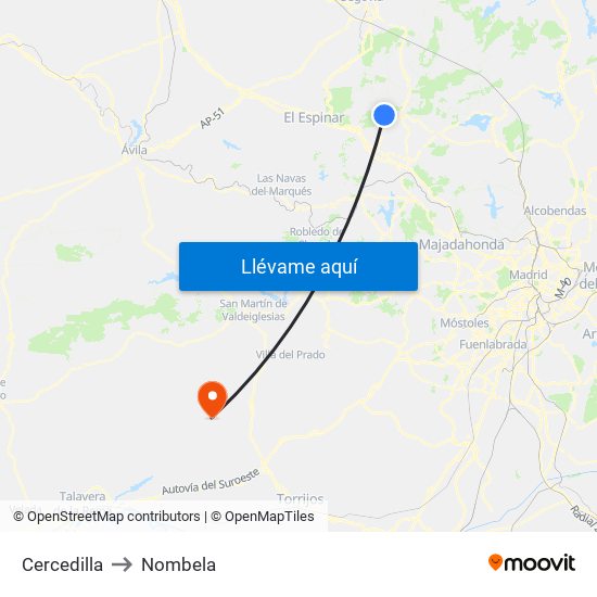 Cercedilla to Nombela map