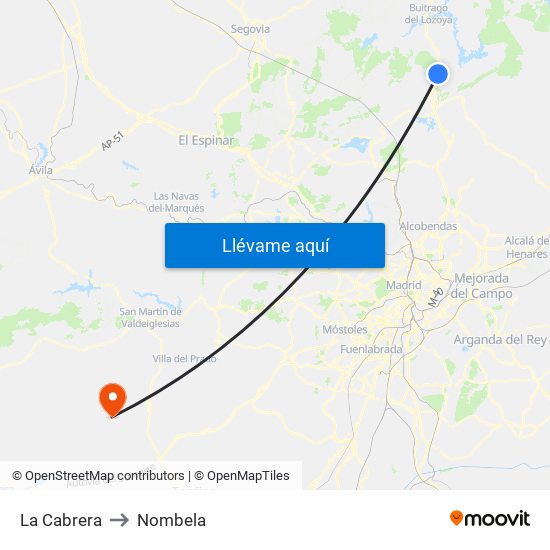 La Cabrera to Nombela map