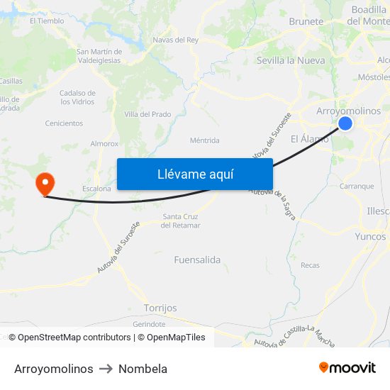 Arroyomolinos to Nombela map