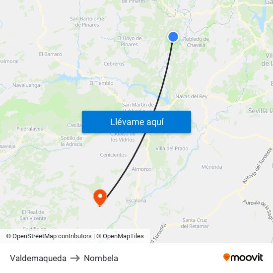 Valdemaqueda to Nombela map