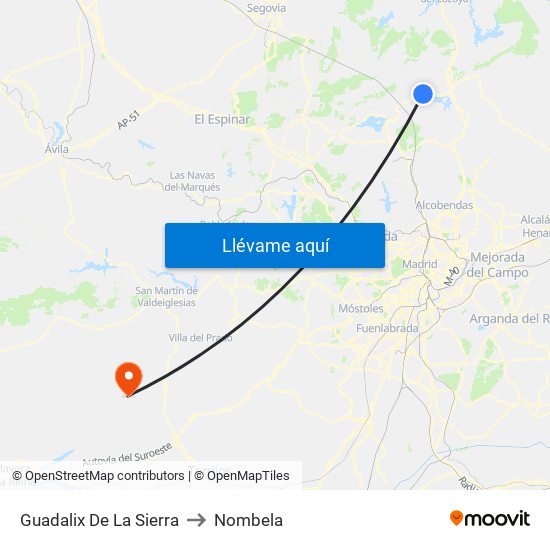 Guadalix De La Sierra to Nombela map