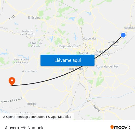 Alovera to Nombela map