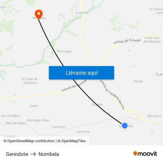 Gerindote to Nombela map