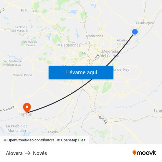 Alovera to Novés map